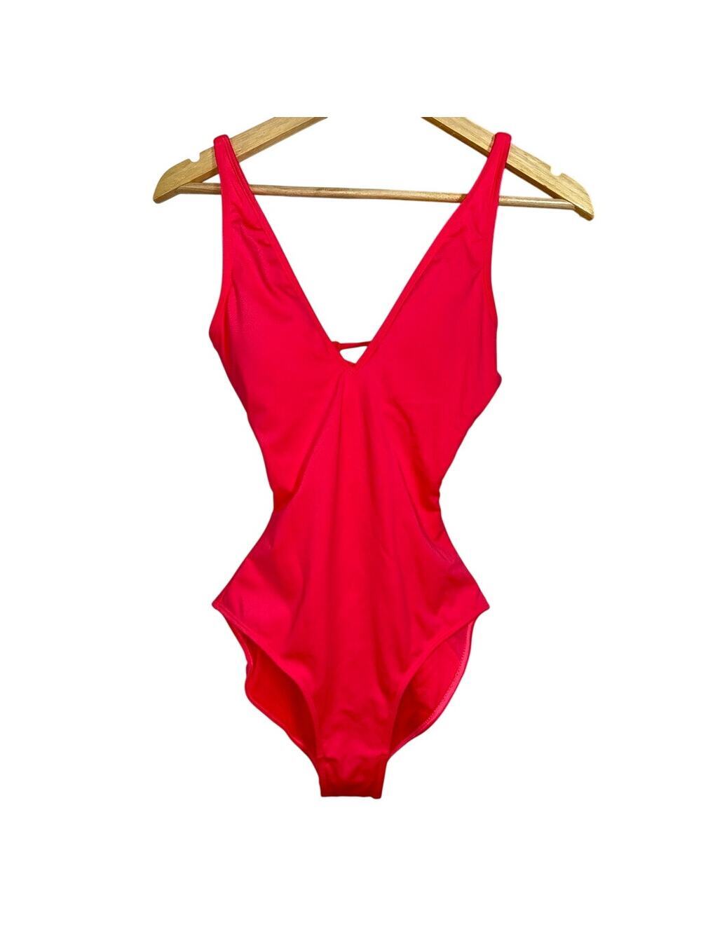 NWT TA3 Plungey Hot Coral Pink Lace Up Corset One Piece Swimsuit Size XS X-Long